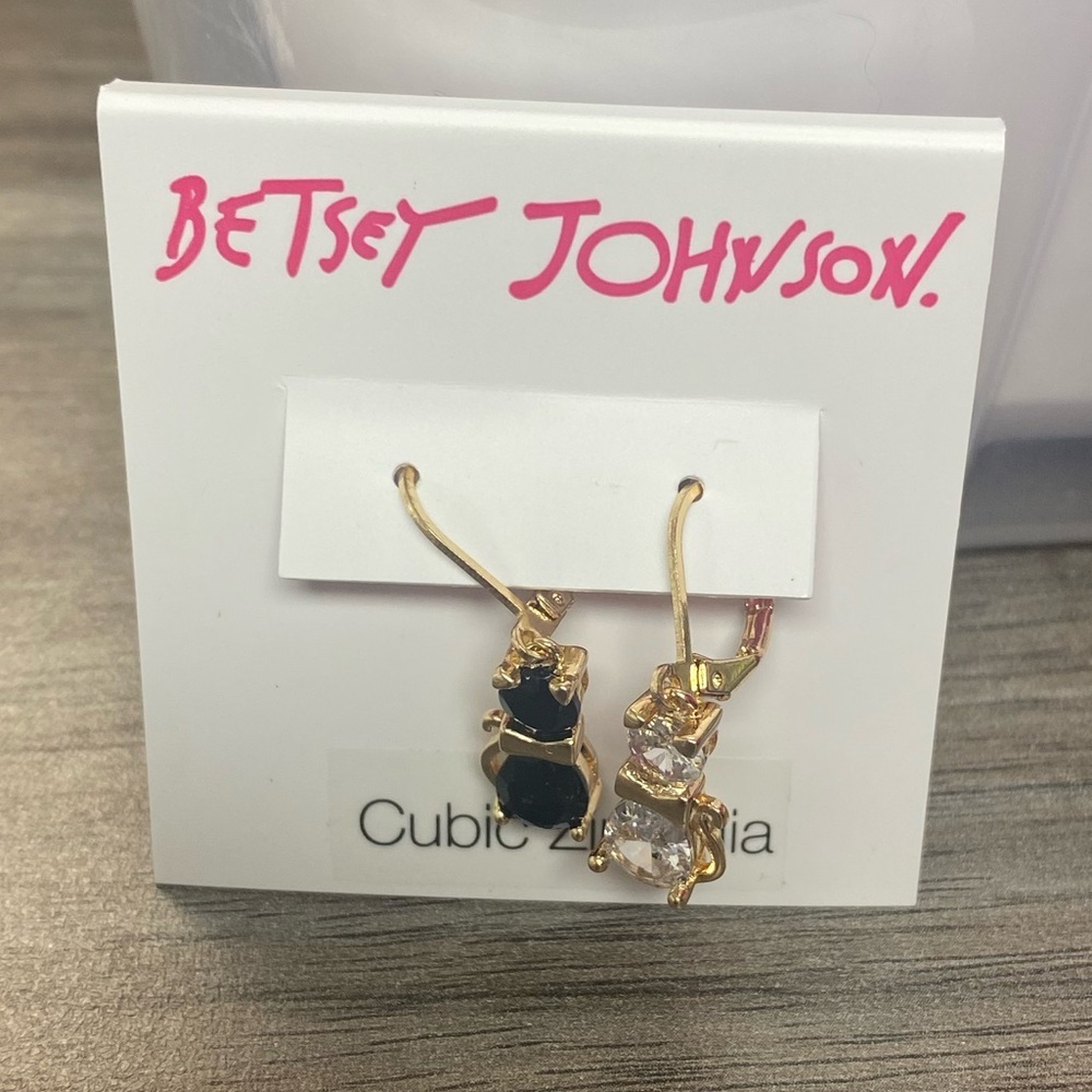 NWT Betsey Johnson Crystal & CZ Cat Mismatched Drop Earrings
